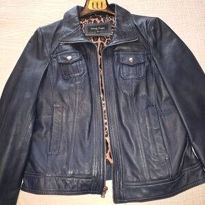Black Rivet Leather Jacket Size  XL With Leppard  Interior Near Mint Condition